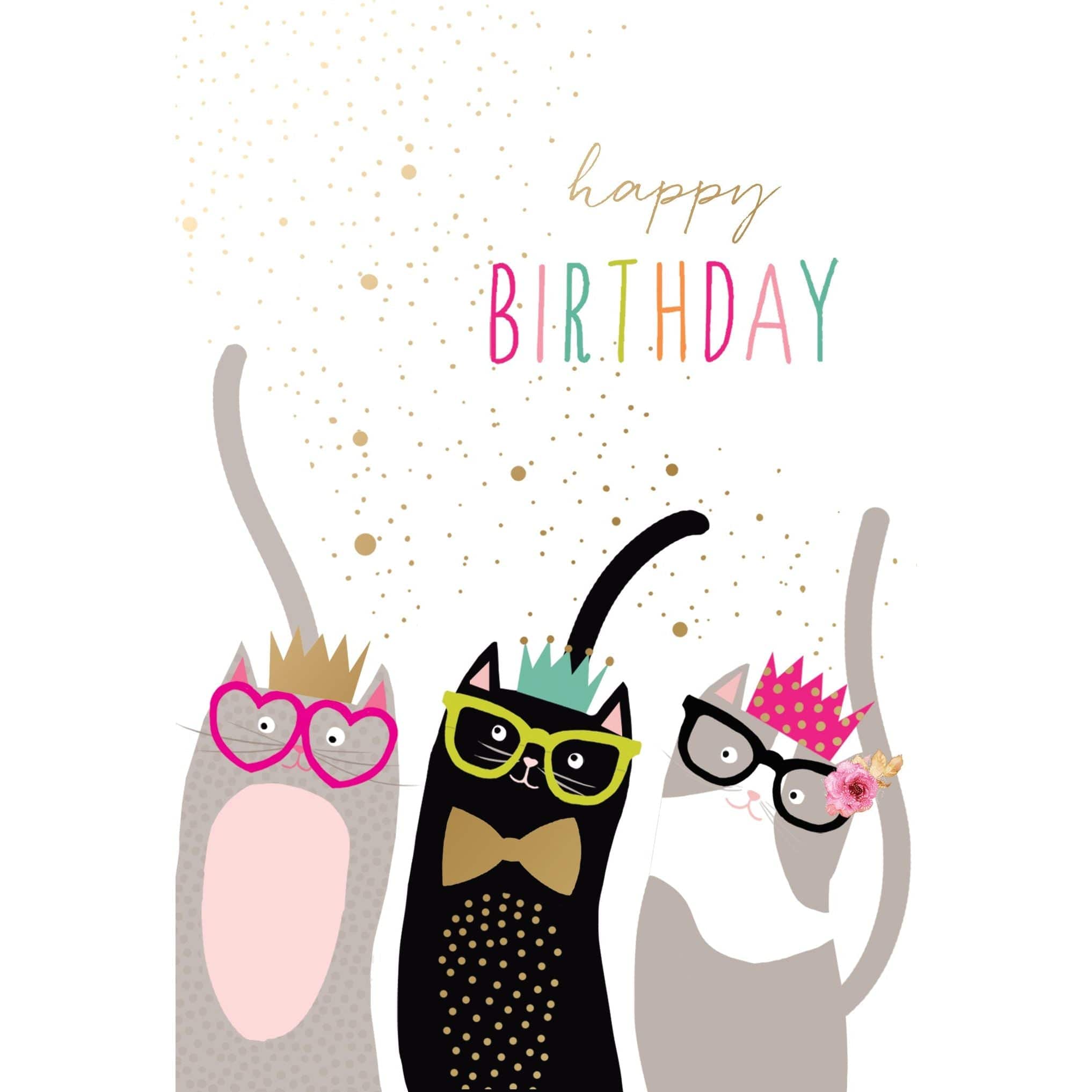 Sara Miller Cats in Glasses birthday card featuring colorful cats wearing glasses, perfect for everyday greeting occasions.